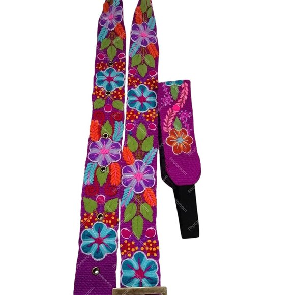 Peruvian Wool Woven Headband Belt Set Multicolor Floral Design - Picture 3 of 6